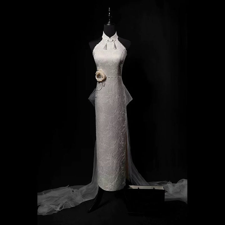 Champagne Cheongsam Dress with Halter Neck and Tulle Train – Elegant Floral Qipao Dress with High Slit Plus Size
