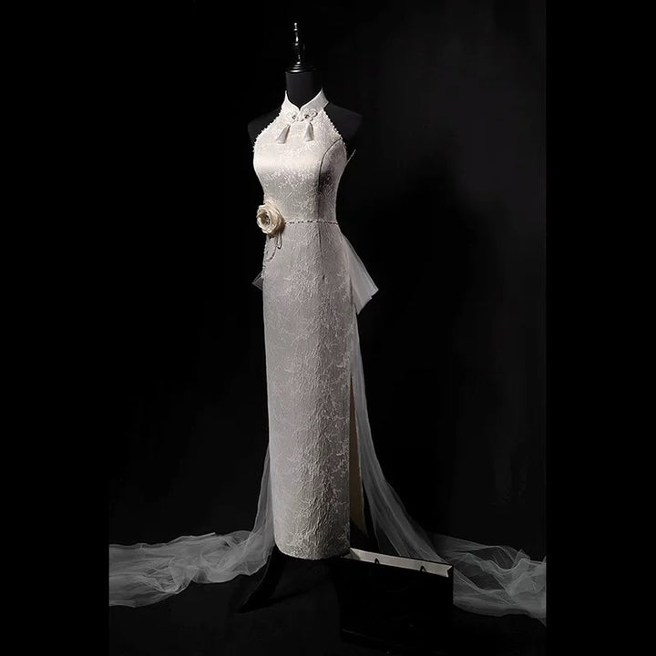 Champagne Cheongsam Dress with Halter Neck and Tulle Train – Elegant Floral Qipao Dress with High Slit Plus Size