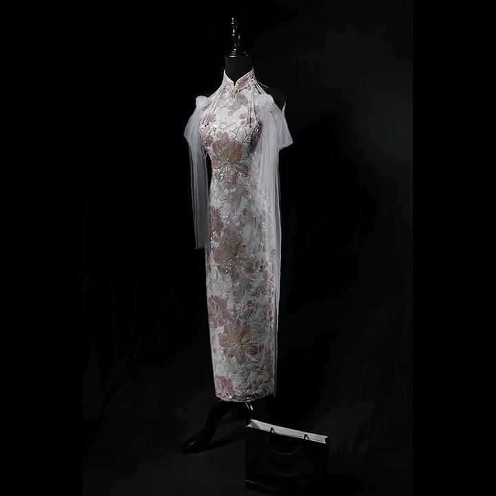 Pink Cheongsam Dress with Floral Embroidery – Elegant Sleeveless Qipao with Sheer Draped Sleeves and Beaded Details Plus Size