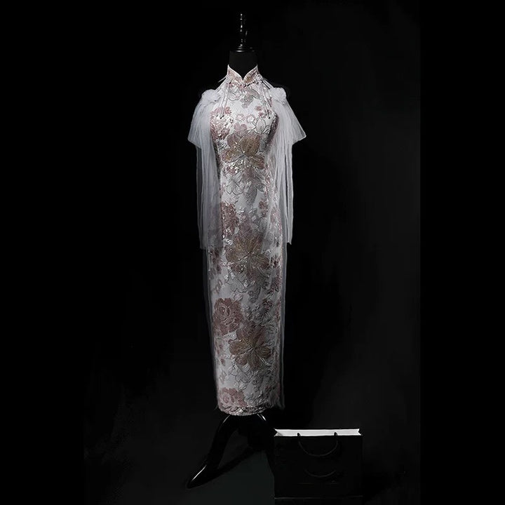 Pink Cheongsam Dress with Floral Embroidery – Elegant Sleeveless Qipao with Sheer Draped Sleeves and Beaded Details Plus Size