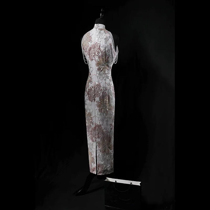 Pink Cheongsam Dress with Floral Embroidery – Elegant Sleeveless Qipao with Sheer Draped Sleeves and Beaded Details Plus Size