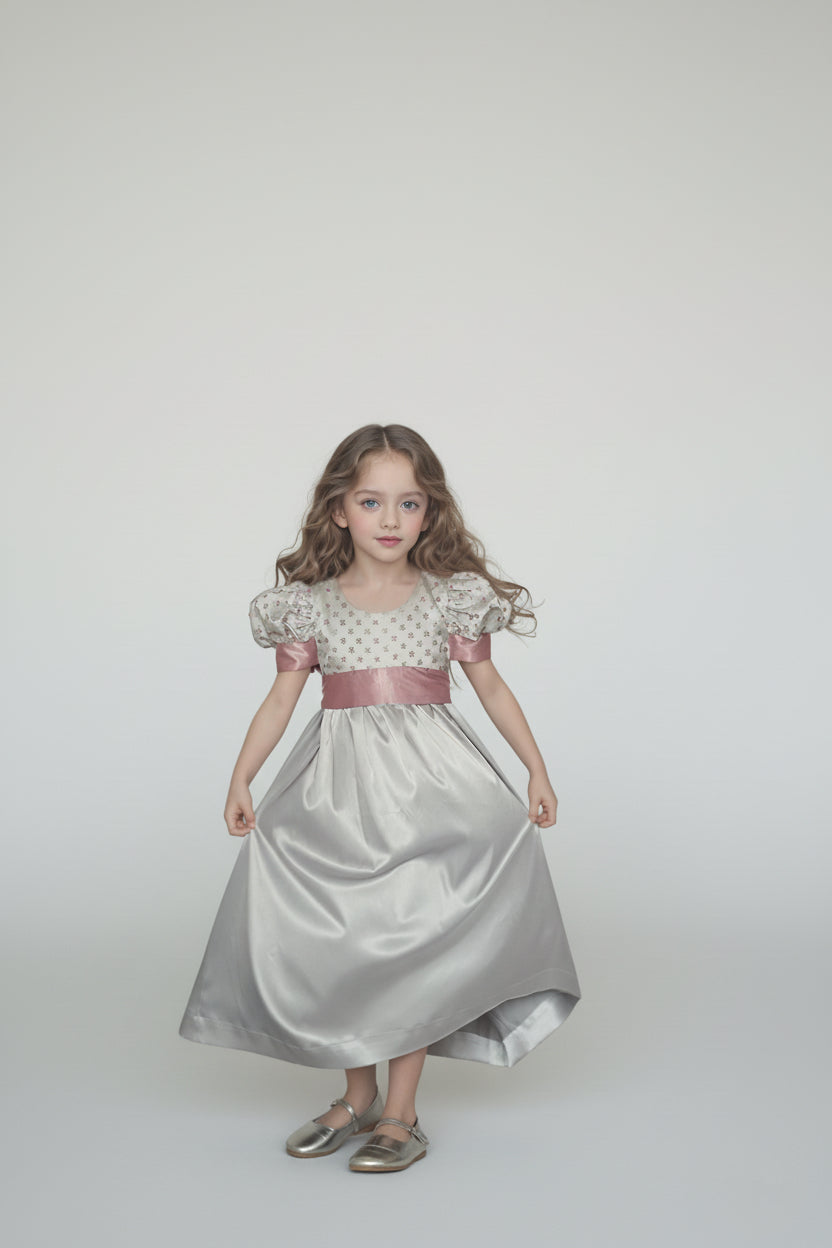 Regency Era Silver and Pink Empire Waist Satin and Jacquard Puff Sleeve Princess Dress – Bridgerton Inspired Children’s Gown Plus Size