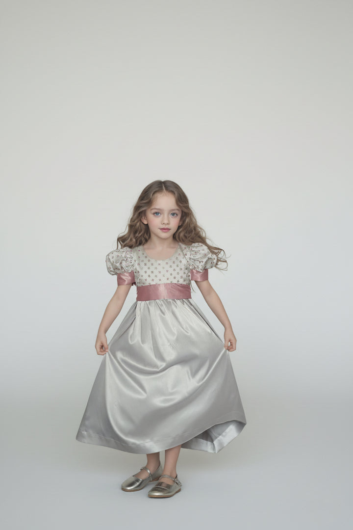 Regency Era Silver and Pink Empire Waist Satin and Jacquard Puff Sleeve Princess Dress – Bridgerton Inspired Children’s Gown Plus Size
