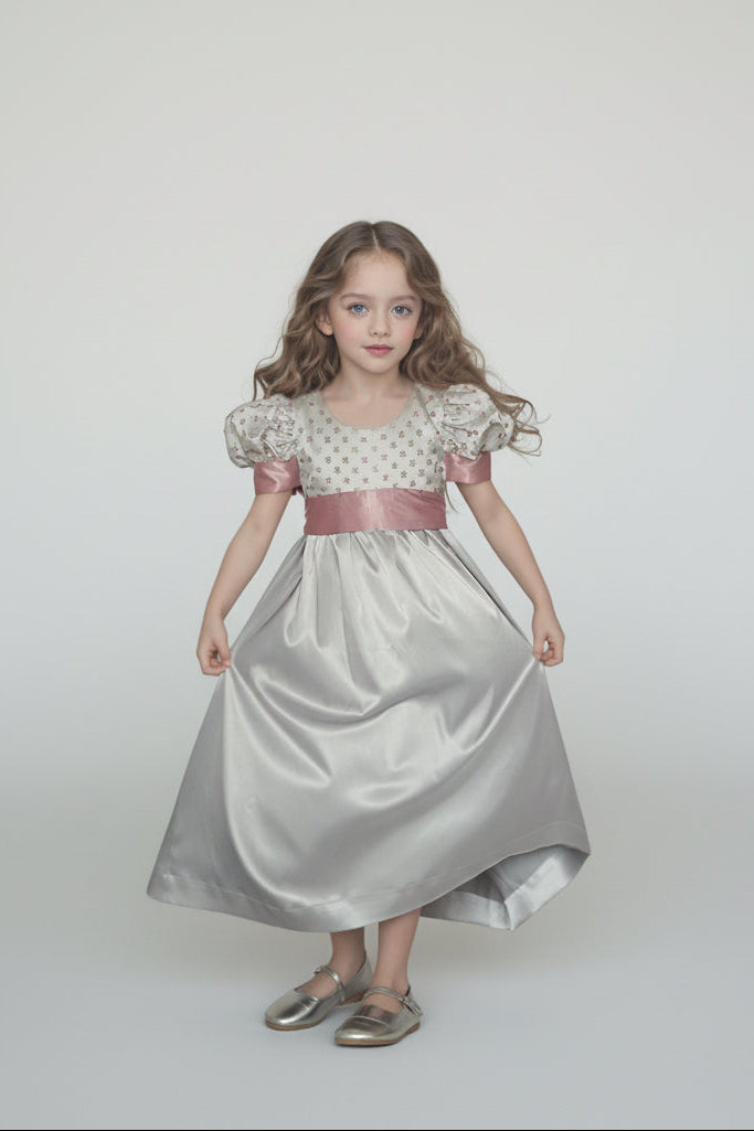 Regency Era Silver and Pink Empire Waist Satin and Jacquard Puff Sleeve Princess Dress – Bridgerton Inspired Children’s Gown Plus Size