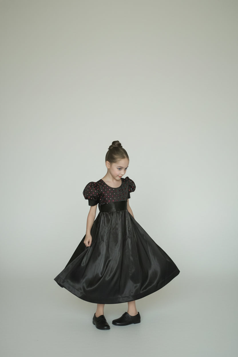 Regency Era Silver and Pink Empire Waist Satin and Jacquard Puff Sleeve Princess Dress – Bridgerton Inspired Children’s Gown Plus Size