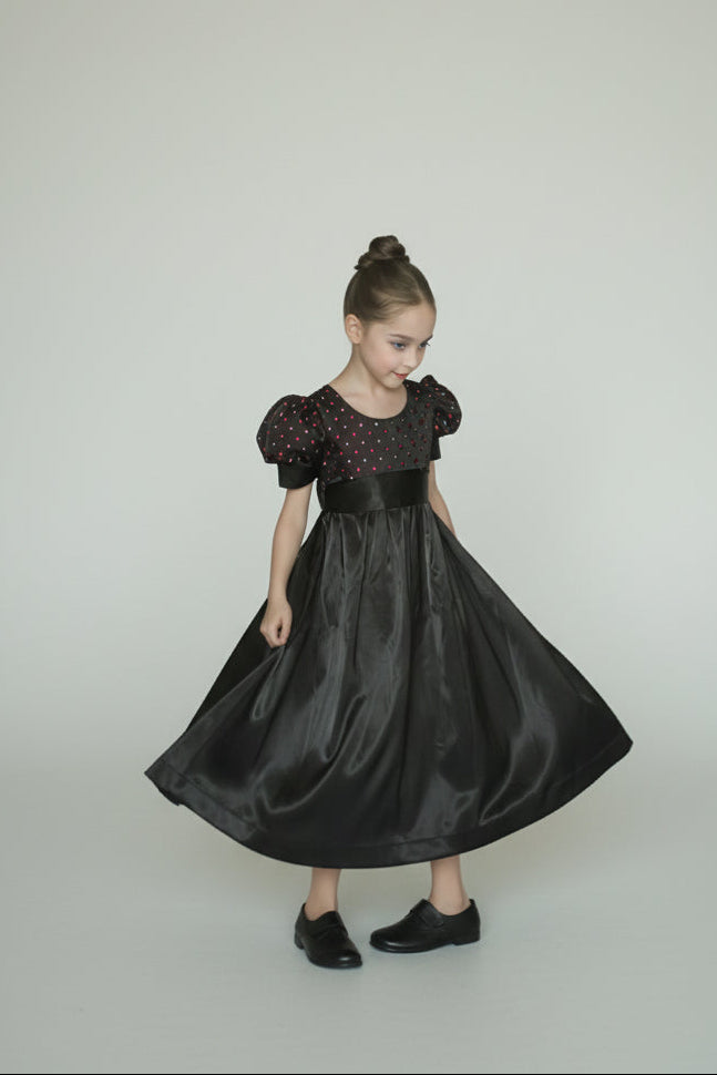 Regency Era Silver and Pink Empire Waist Satin and Jacquard Puff Sleeve Princess Dress – Bridgerton Inspired Children’s Gown Plus Size
