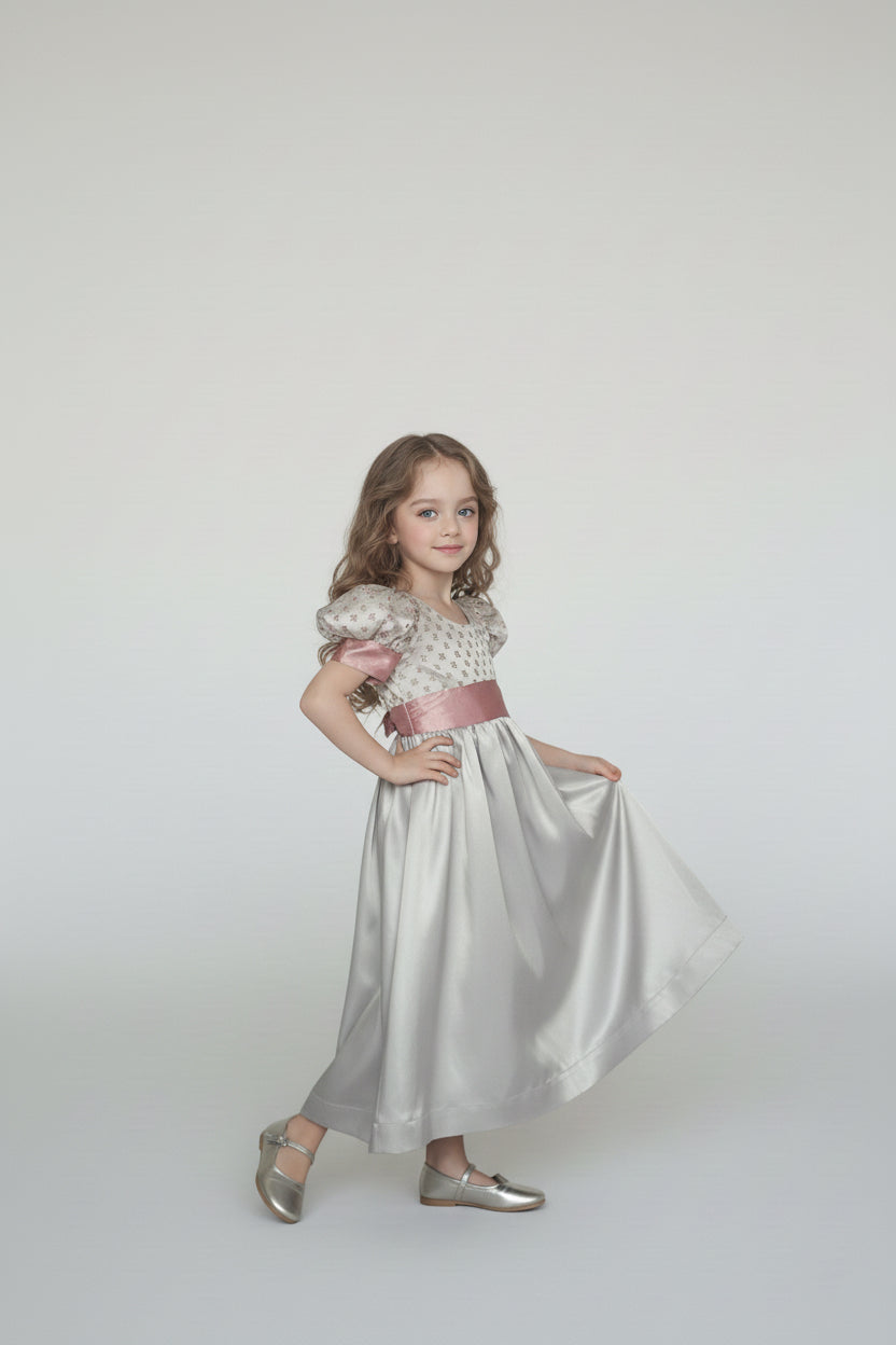 Regency Era Silver and Pink Empire Waist Satin and Jacquard Puff Sleeve Princess Dress – Bridgerton Inspired Children’s Gown Plus Size