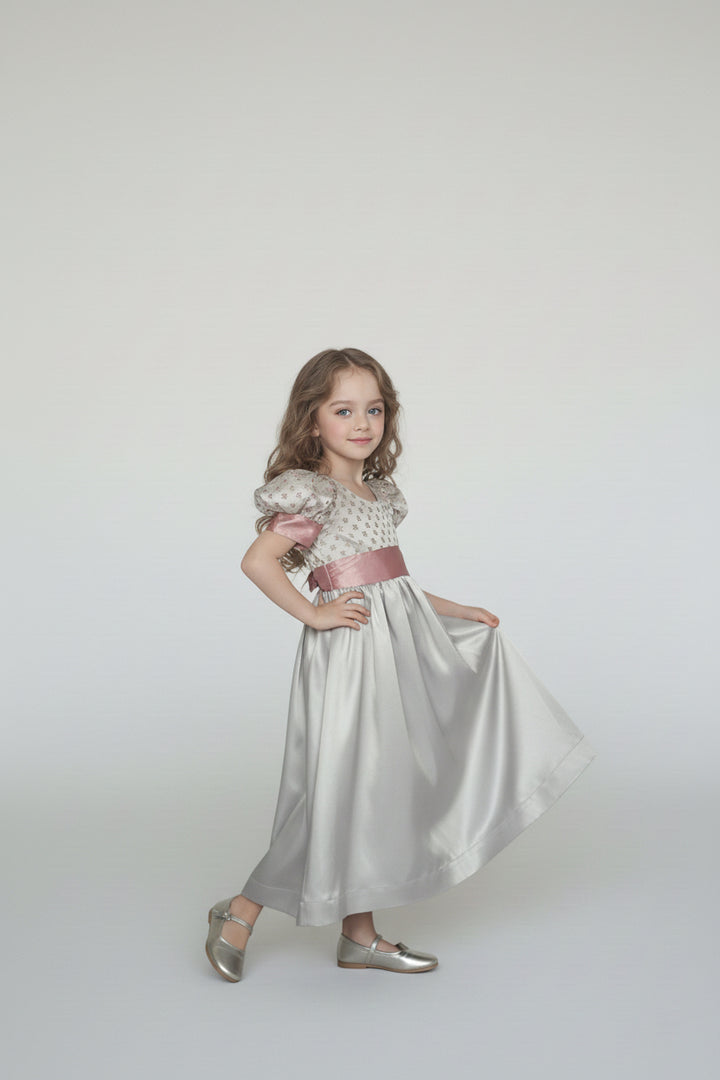 Regency Era Silver and Pink Empire Waist Satin and Jacquard Puff Sleeve Princess Dress – Bridgerton Inspired Children’s Gown Plus Size