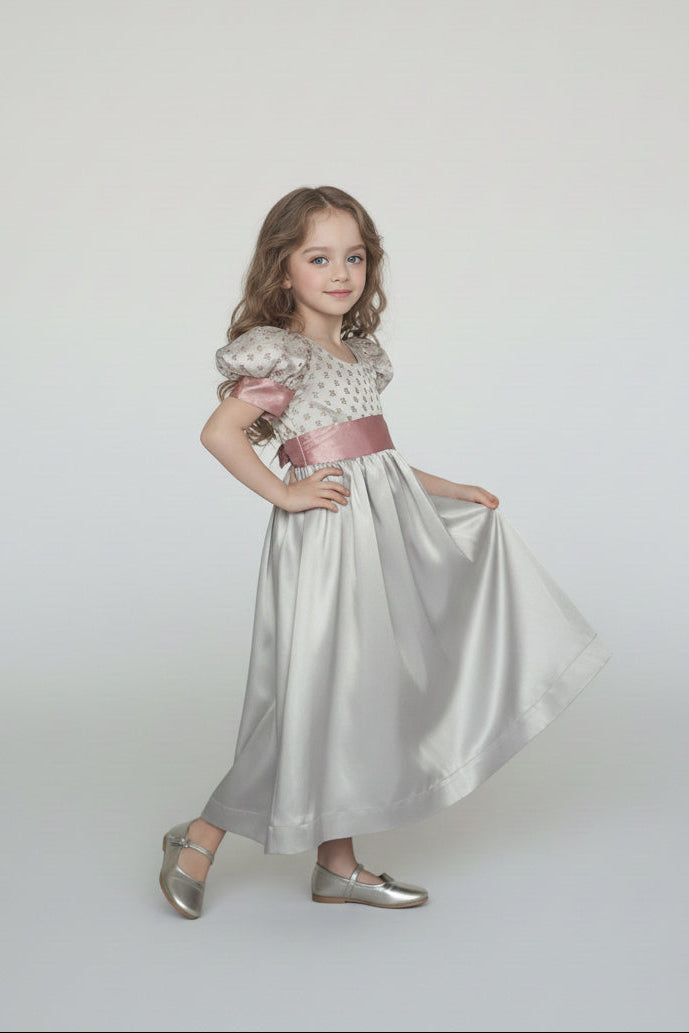 Regency Era Silver and Pink Empire Waist Satin and Jacquard Puff Sleeve Princess Dress – Bridgerton Inspired Children’s Gown Plus Size