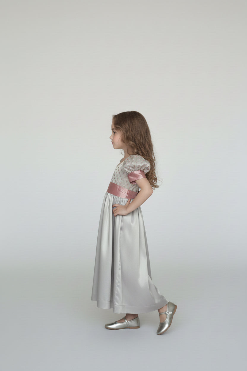 Regency Era Silver and Pink Empire Waist Satin and Jacquard Puff Sleeve Princess Dress – Bridgerton Inspired Children’s Gown Plus Size