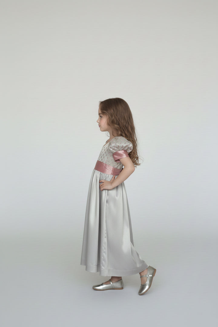 Regency Era Silver and Pink Empire Waist Satin and Jacquard Puff Sleeve Princess Dress – Bridgerton Inspired Children’s Gown Plus Size