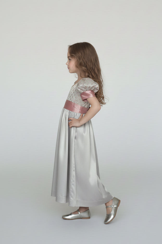 Regency Era Silver and Pink Empire Waist Satin and Jacquard Puff Sleeve Princess Dress – Bridgerton Inspired Children’s Gown Plus Size