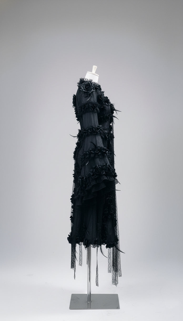 Victorian-Inspired Gothic Black Lace Dress with Rose Appliqué and Bell Sleeves – Gothic Lace Evening Gown Plus Size