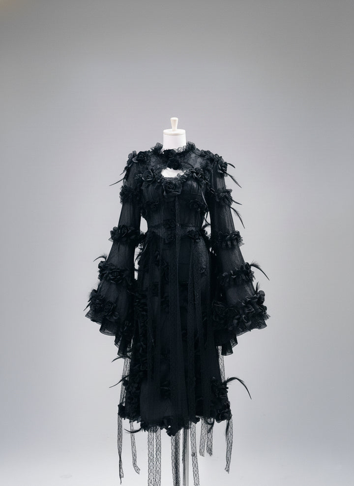 Victorian-Inspired Gothic Black Lace Dress with Rose Appliqué and Bell Sleeves – Gothic Lace Evening Gown Plus Size