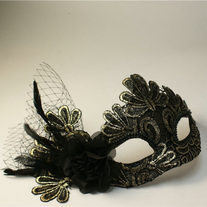 Handmade Gothic Gold Black Lace Masquerade Mask Designs with Feather and Flower