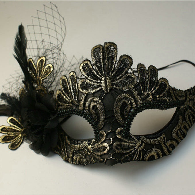 Handmade Gothic Gold Black Lace Masquerade Mask Designs with Feather and Flower