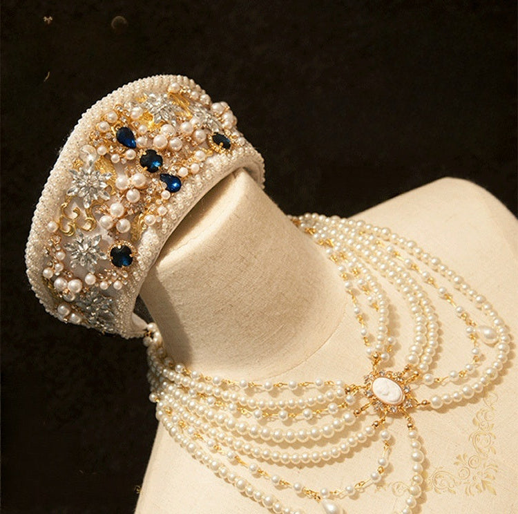 Rococo-Inspired Handmade Pearl and Sapphire Imperial Crown of Russia – Baroque Tiara with Gold Filigree Embellishment