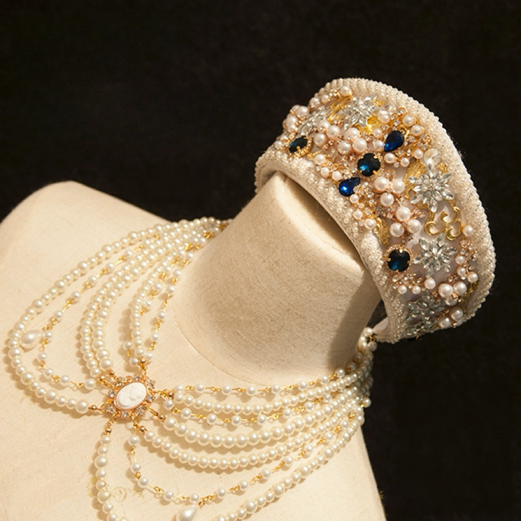 Rococo-Inspired Handmade Pearl and Sapphire Imperial Crown of Russia – Baroque Tiara with Gold Filigree Embellishment