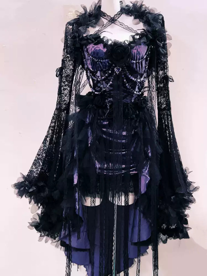 Victorian-Inspired Gothic Purple and Black Lace Corset Dress with High-Low Skirt – Gothic Prom Dress with Long Sleeves Plus Size