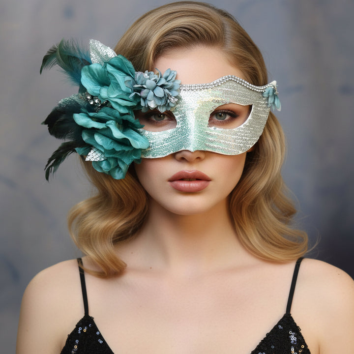 Handcrafted Teal Floral Masquerade Mask – Elegant Sequin Mardi Gras Mask with Feathers and Blossoms