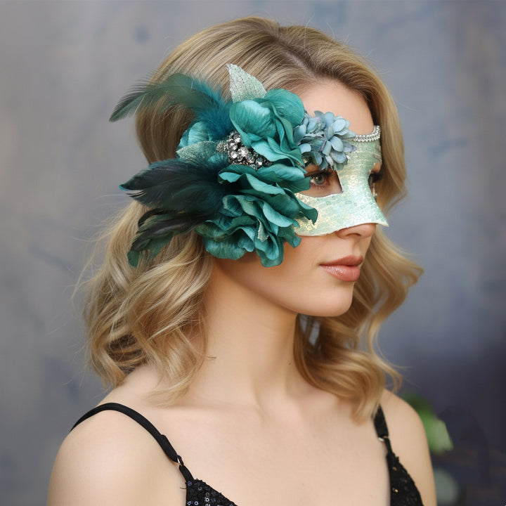 Handcrafted Teal Floral Masquerade Mask – Elegant Sequin Mardi Gras Mask with Feathers and Blossoms