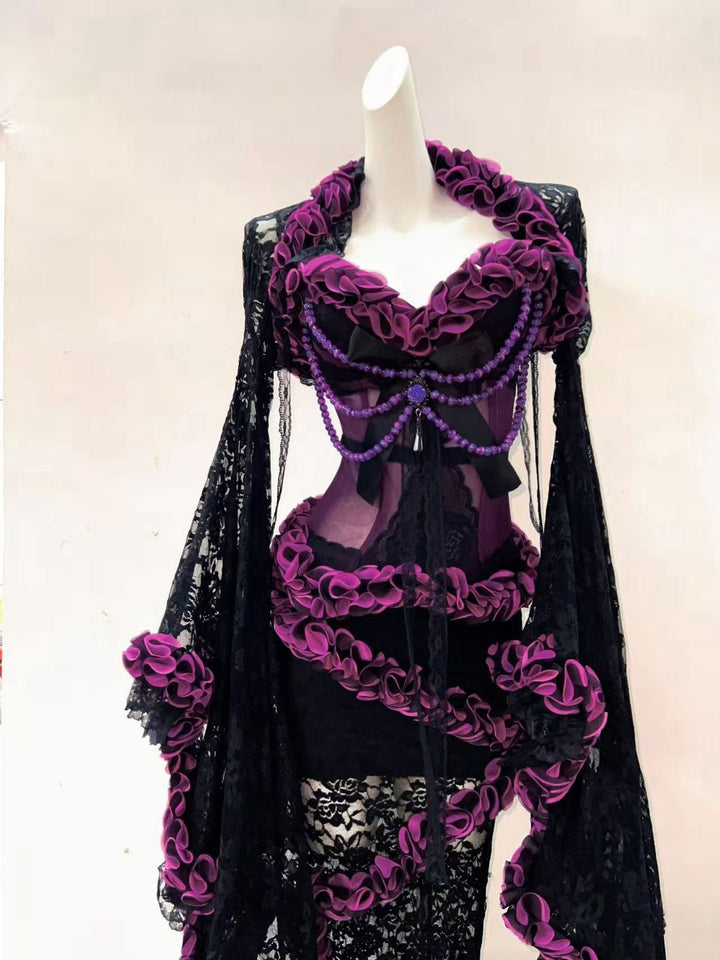 Victorian-Inspired Gothic Black and Purple Lace Corset Dress with Sheer Mermaid Skirt – Black Sexy Dress Plus Size