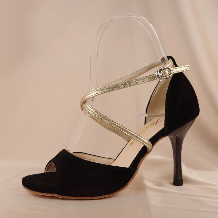 "Midnight Ribbon" – Handmade Black and Gold Suede Lambskin Tango Heels