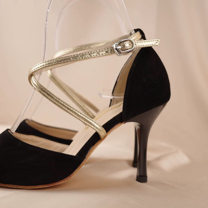 "Midnight Ribbon" – Handmade Black and Gold Suede Lambskin Tango Heels
