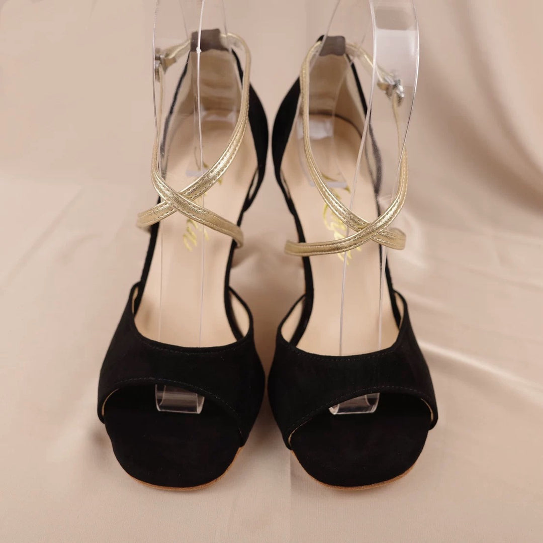 "Midnight Ribbon" – Handmade Black and Gold Suede Lambskin Tango Heels
