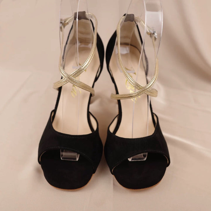 "Midnight Ribbon" – Handmade Black and Gold Suede Lambskin Tango Heels