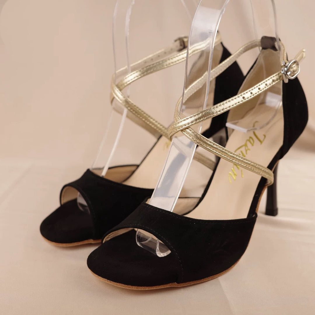 "Midnight Ribbon" – Handmade Black and Gold Suede Lambskin Tango Heels