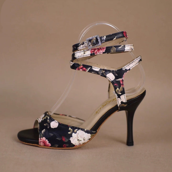 Midnight Garden – Handmade Black Floral Leather Tango Heels