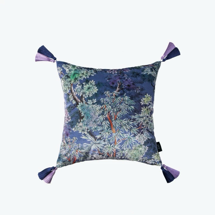 Twilight Garden – Handmade Blue Velvet Cushion with Botanical Print and Corner Tassels