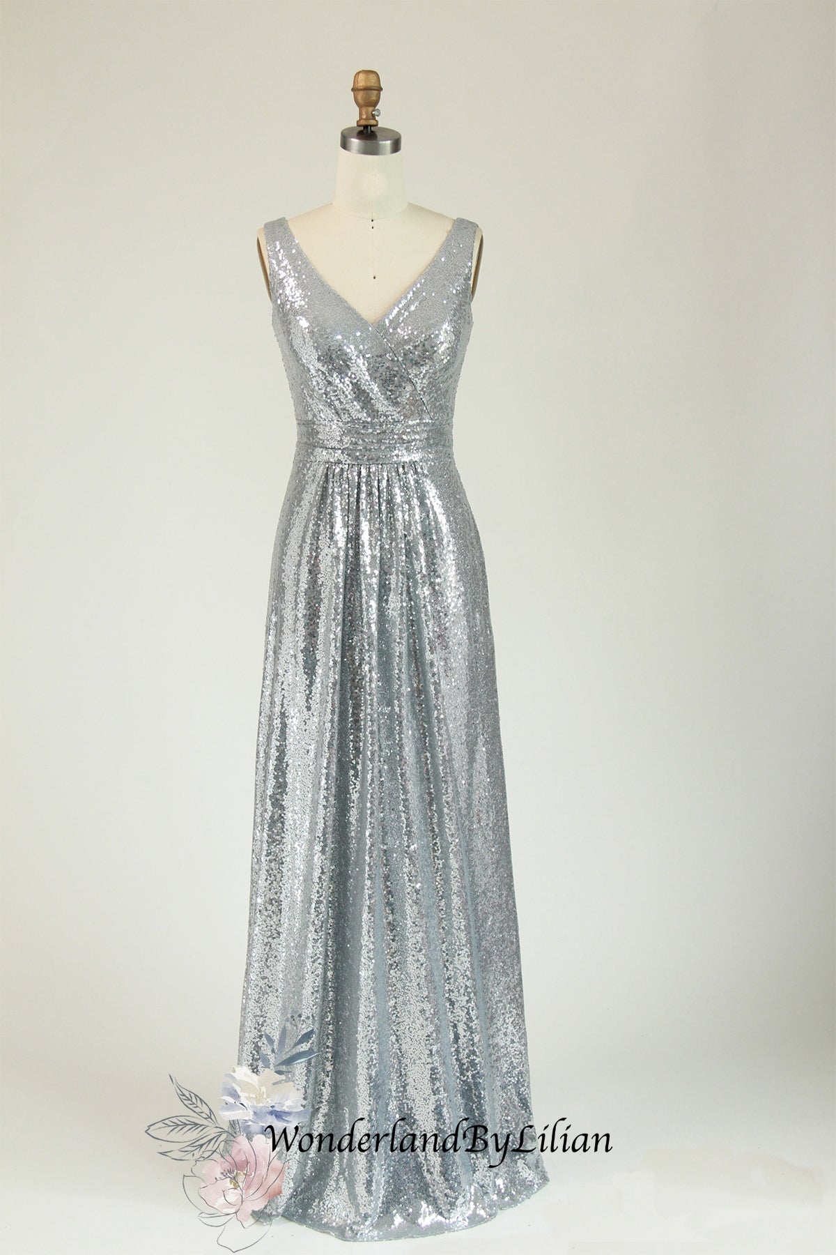 Silver Metallic Sequin V-Neck Bridesmaid Dress with Ruching - Designer Bridesmaids Dresses - Multiple Color Silver Metallic Sequin V-Neck Bridesmaid Dress with Ruching - Designer Bridesmaids Dresses - Multiple Color