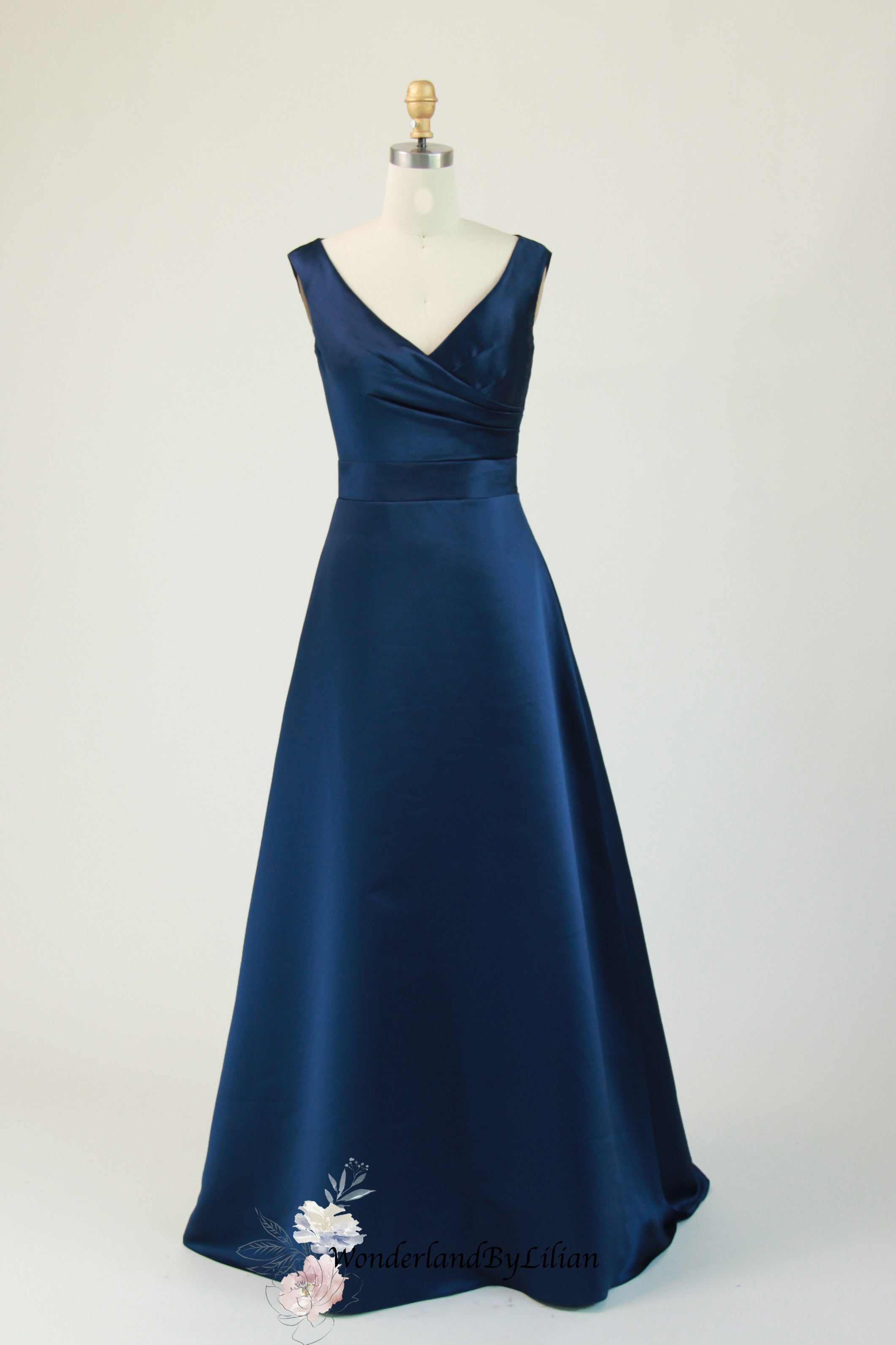 Dark Navy Satin Bridesmaid Dress with Sleeveless - Navy Blue Bridesmaid Dresses with V-Neck - Multiple Color