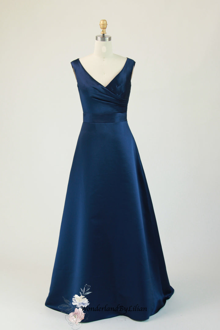 Dark Navy Satin Bridesmaid Dress with Sleeveless - Navy Blue Bridesmaid Dresses with V-Neck - Multiple Color - Plus Size