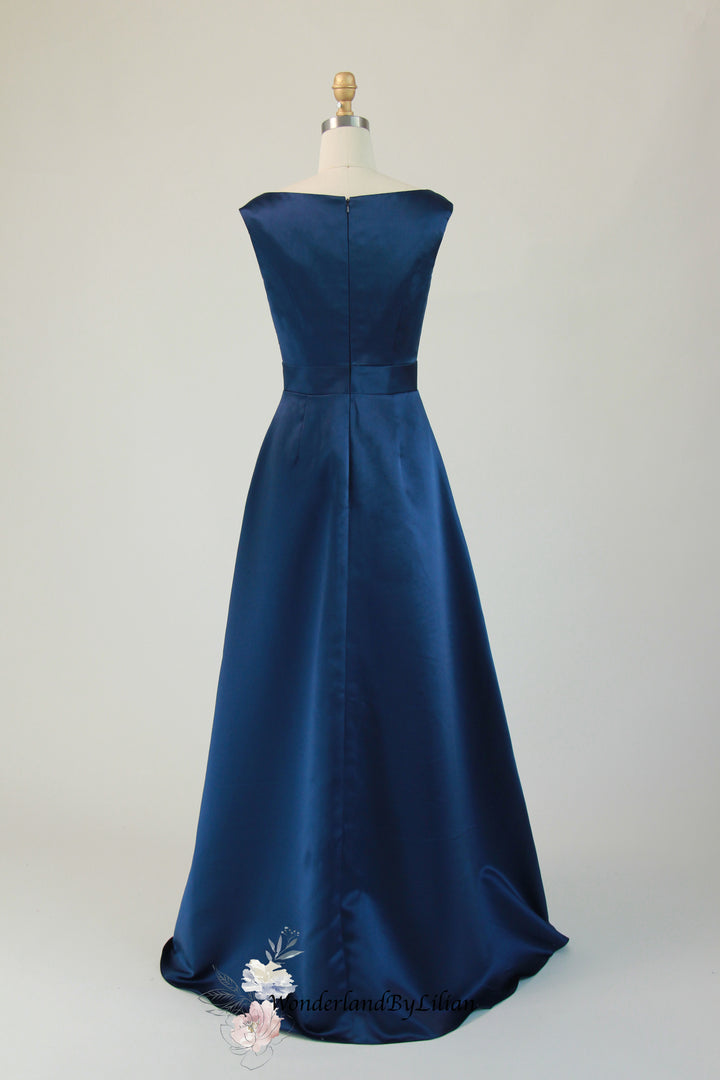 Dark Navy Satin Bridesmaid Dress with Sleeveless - Navy Blue Bridesmaid Dresses with V-Neck - Multiple Color - Plus Size