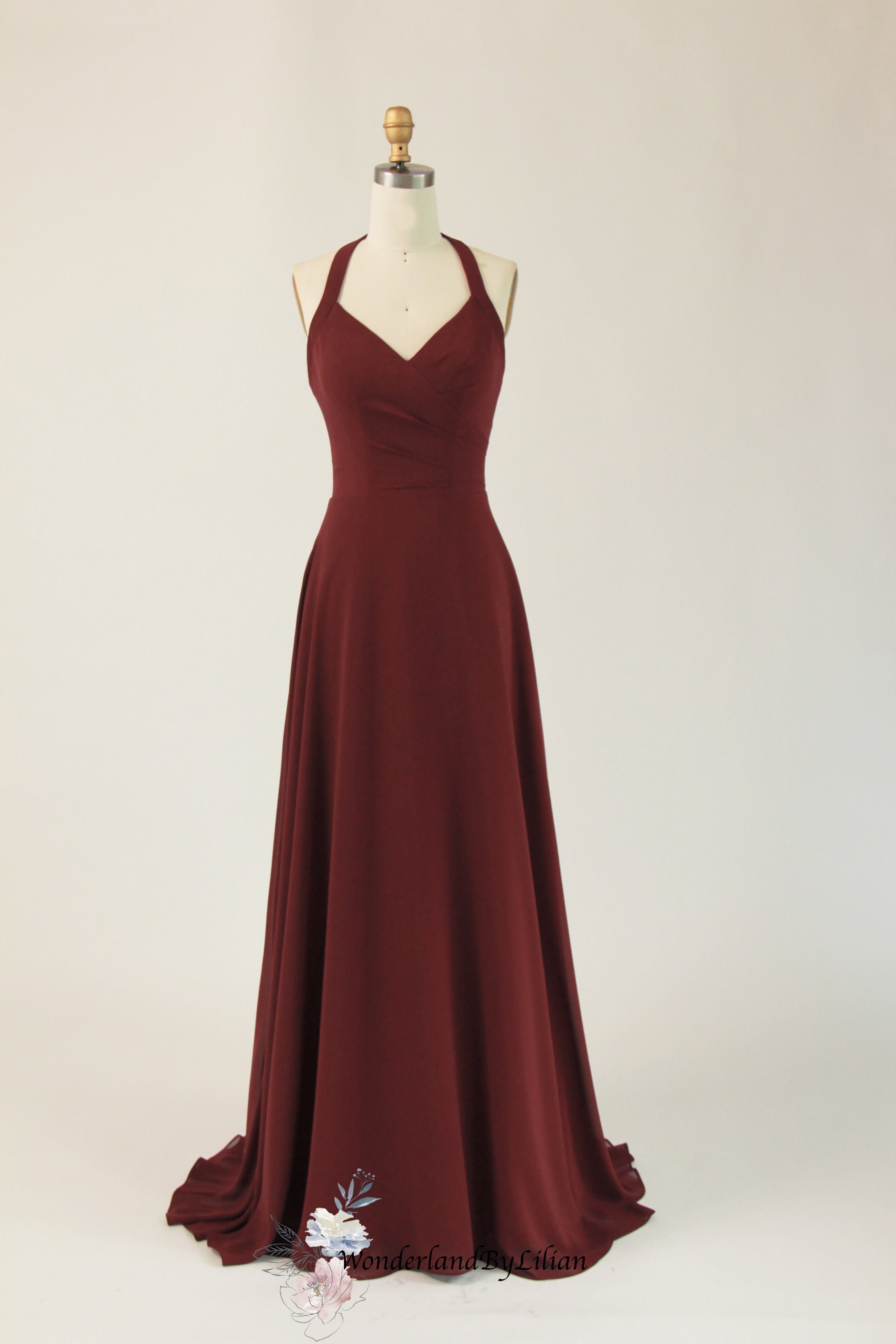 Halter Sleeveless Lace Up Back Burgundy Bridesmaid Dress With Belt, BD0541