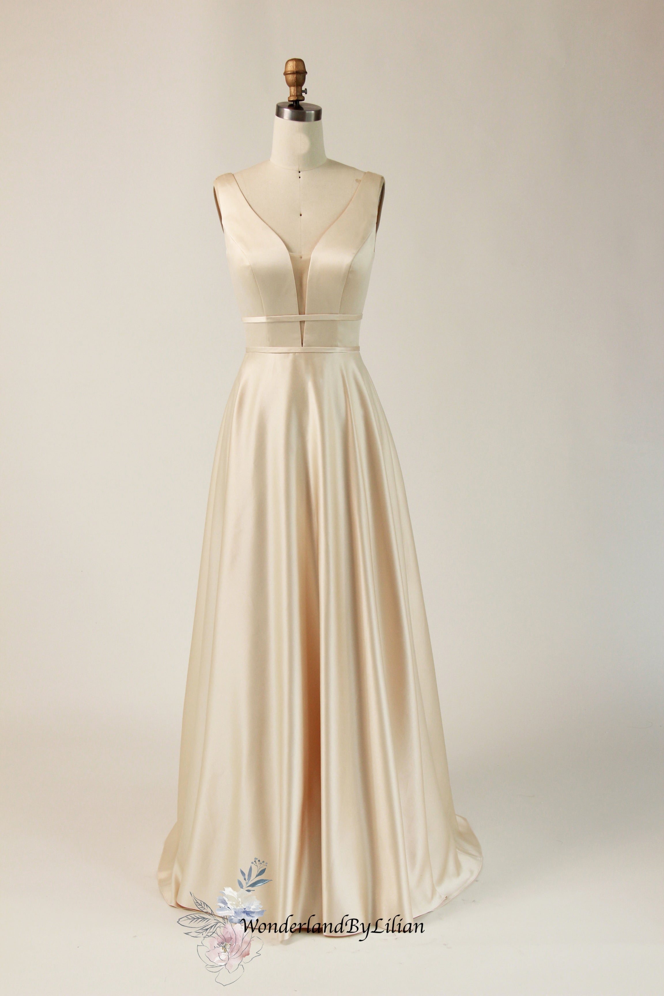 Champagne Satin A-Line Bridesmaid Dresses with Double-Banded Waistline - Champagne Bridesmaid Dresses with V-Neck - Multiple Color