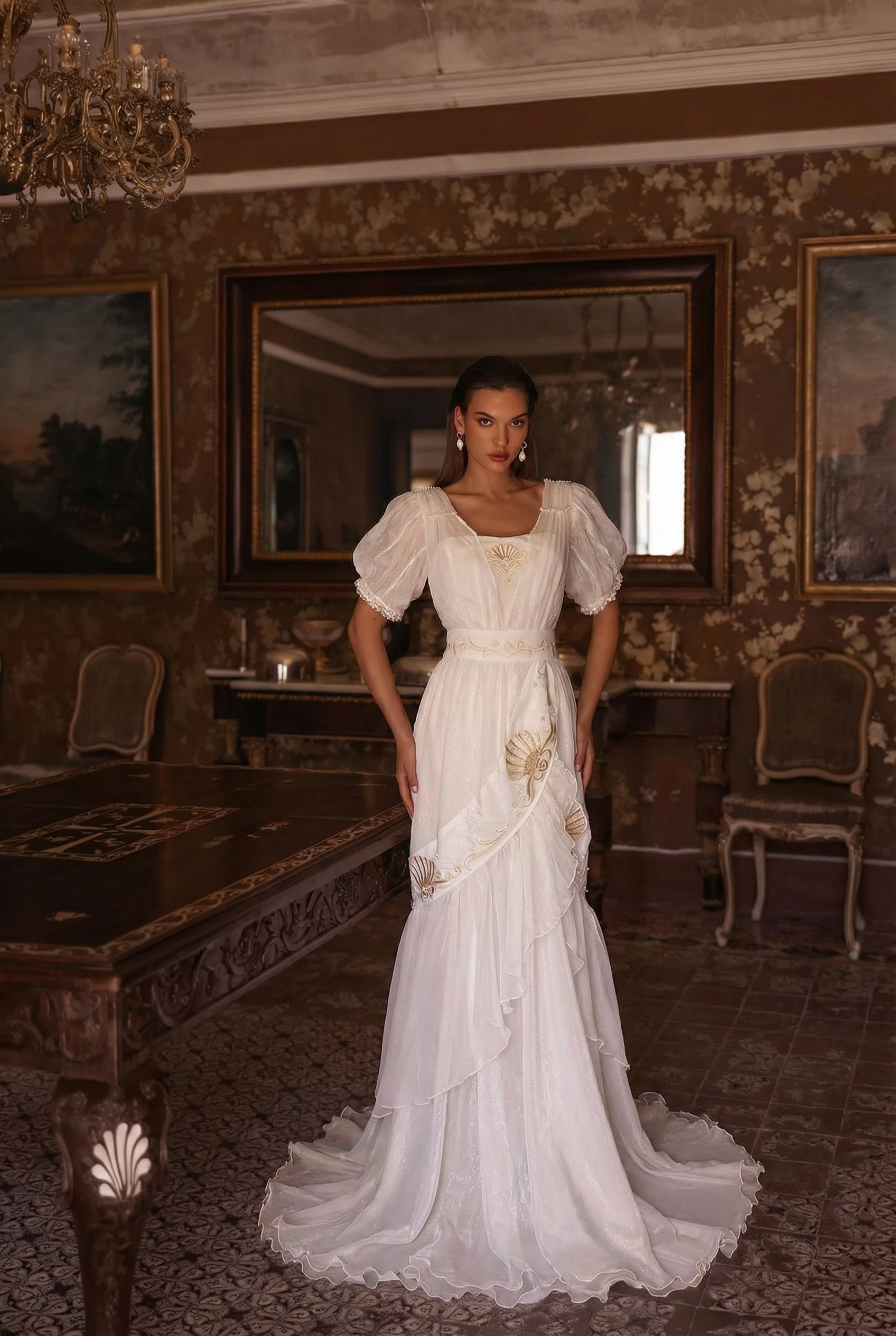 Luxury Regency Inspired White Mermaid Ball Gown With Pearl - Vintage W   WonderlandByLilian