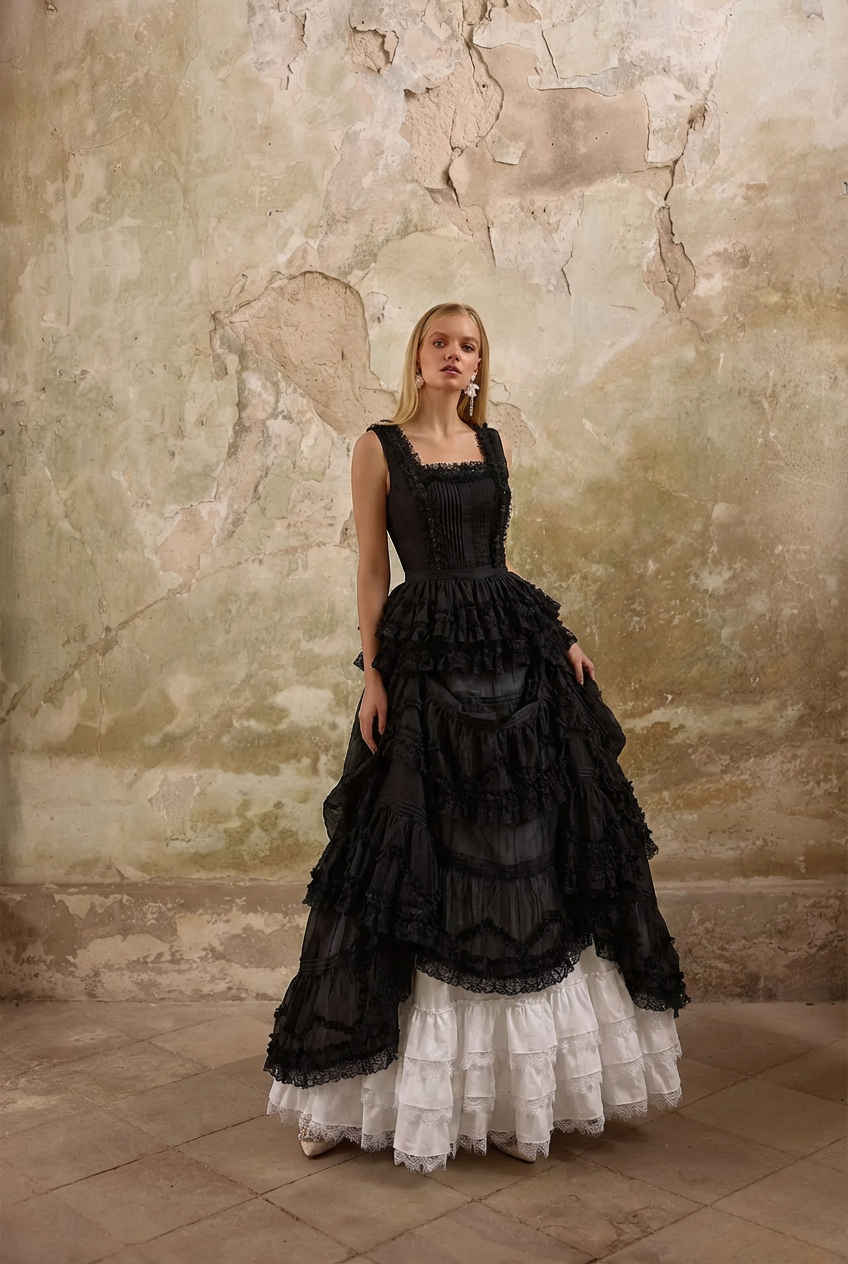 Victorian-Inspired Black and White Gothic Lolita Ball Gown with Tiered Ruffles Tencel Organza Dress with Lace Trim Plus Size Size 12 / Black Victorian-Inspired Black and White Gothic Lolita Ball Gown with Tiered Ruffles Tencel Organza Dress with Lace Trim Plus Size Size 12 / Black