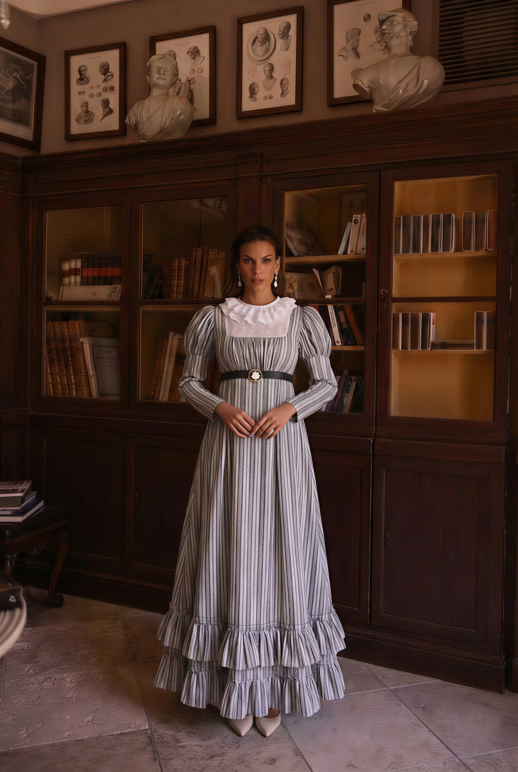 Bridgerton Inspired Regency Era High-necked Grey Striped Dress