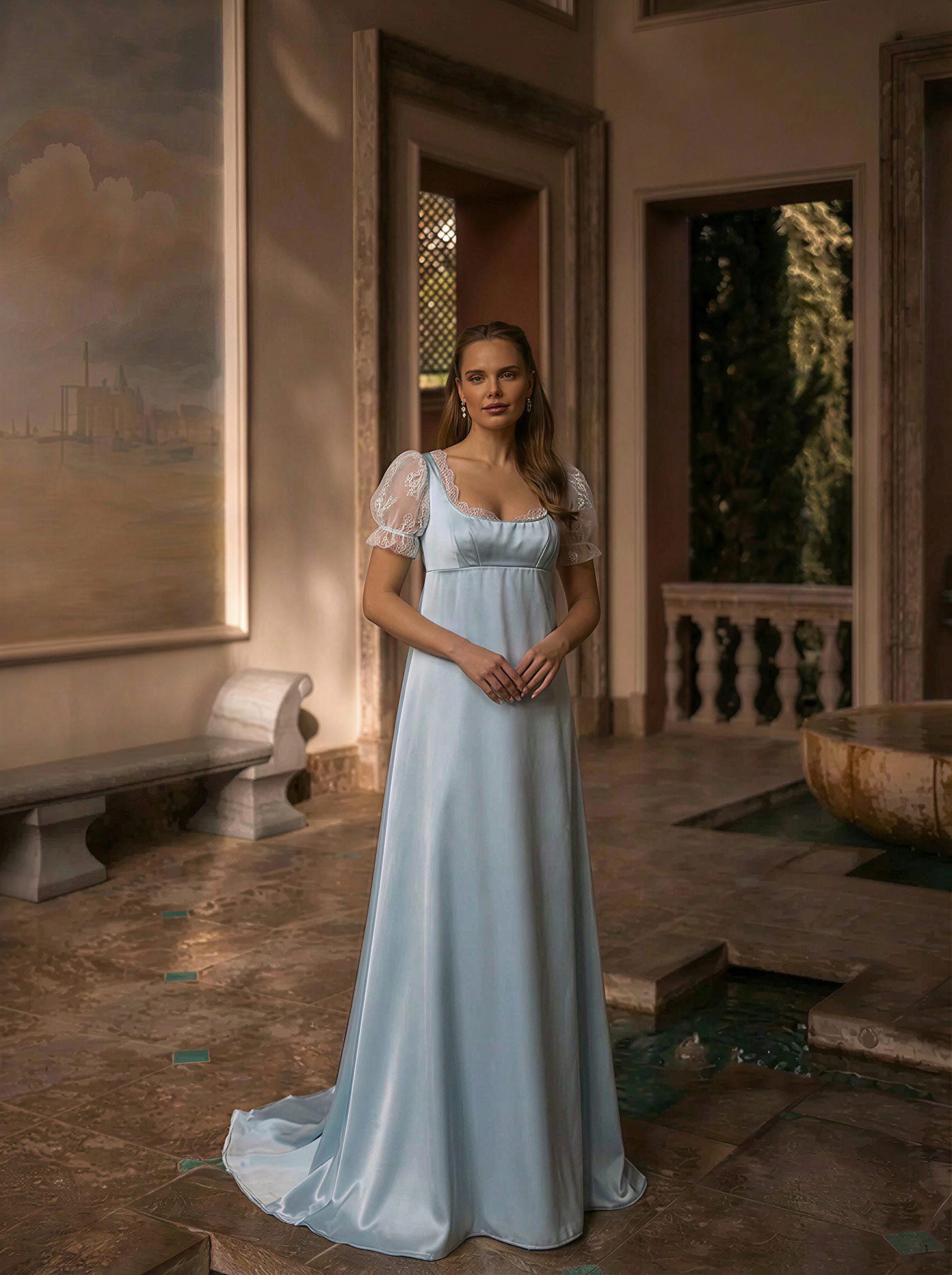 Bridgerton Daphne Blue Satin Dress With Lace