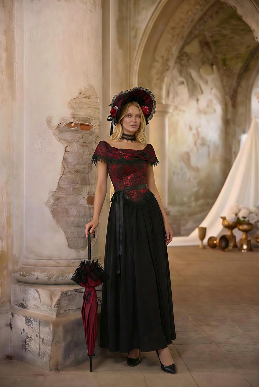 women's dark red and black off the shoulder dress gothic Victorian-Inspired Gothic Black and Red Gothic Dress with Satin Corset  Bodice – Off-Shoulder Ball Gown Plus Size