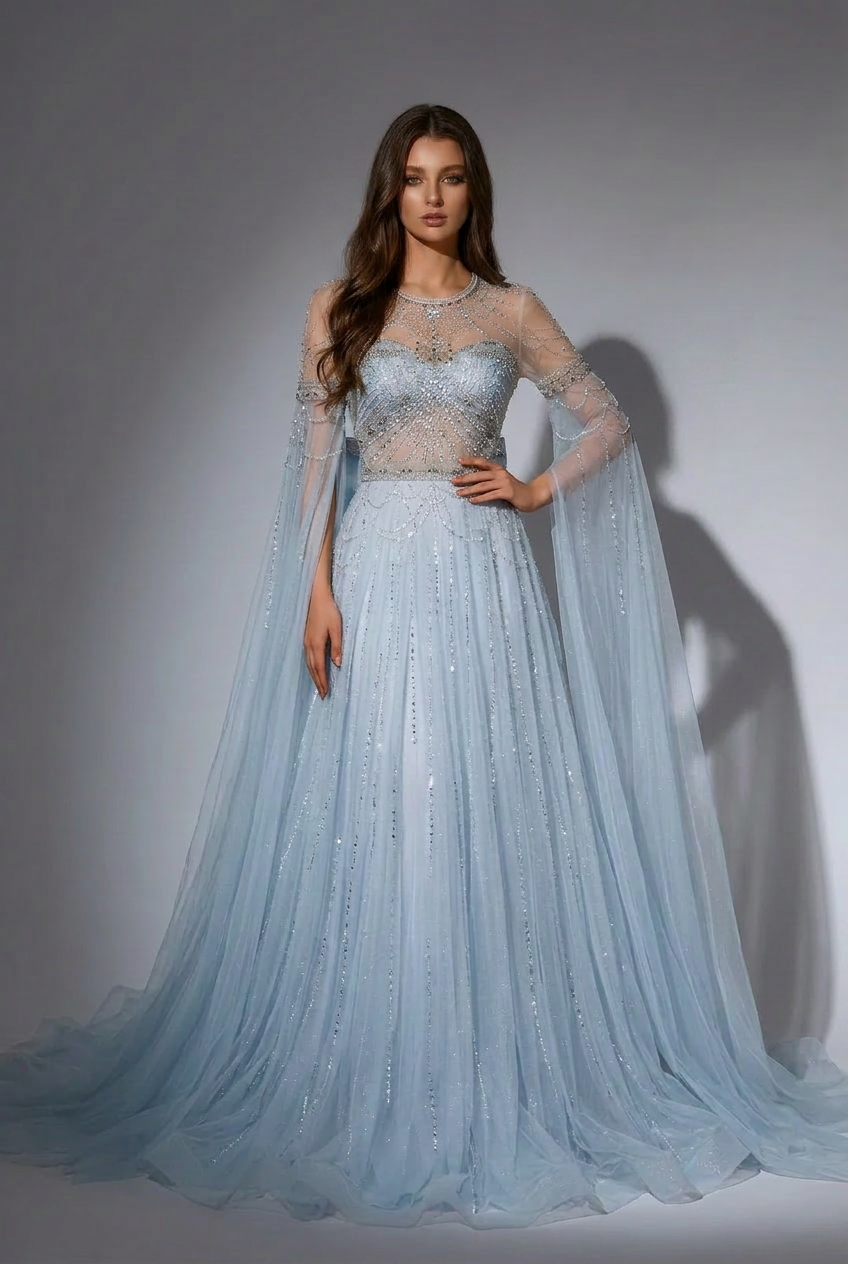 ice blue dress for wedding Light Blue Long A-Line Prom Dress with Illusion-Lace Corset Light Blue / 6 main image 1