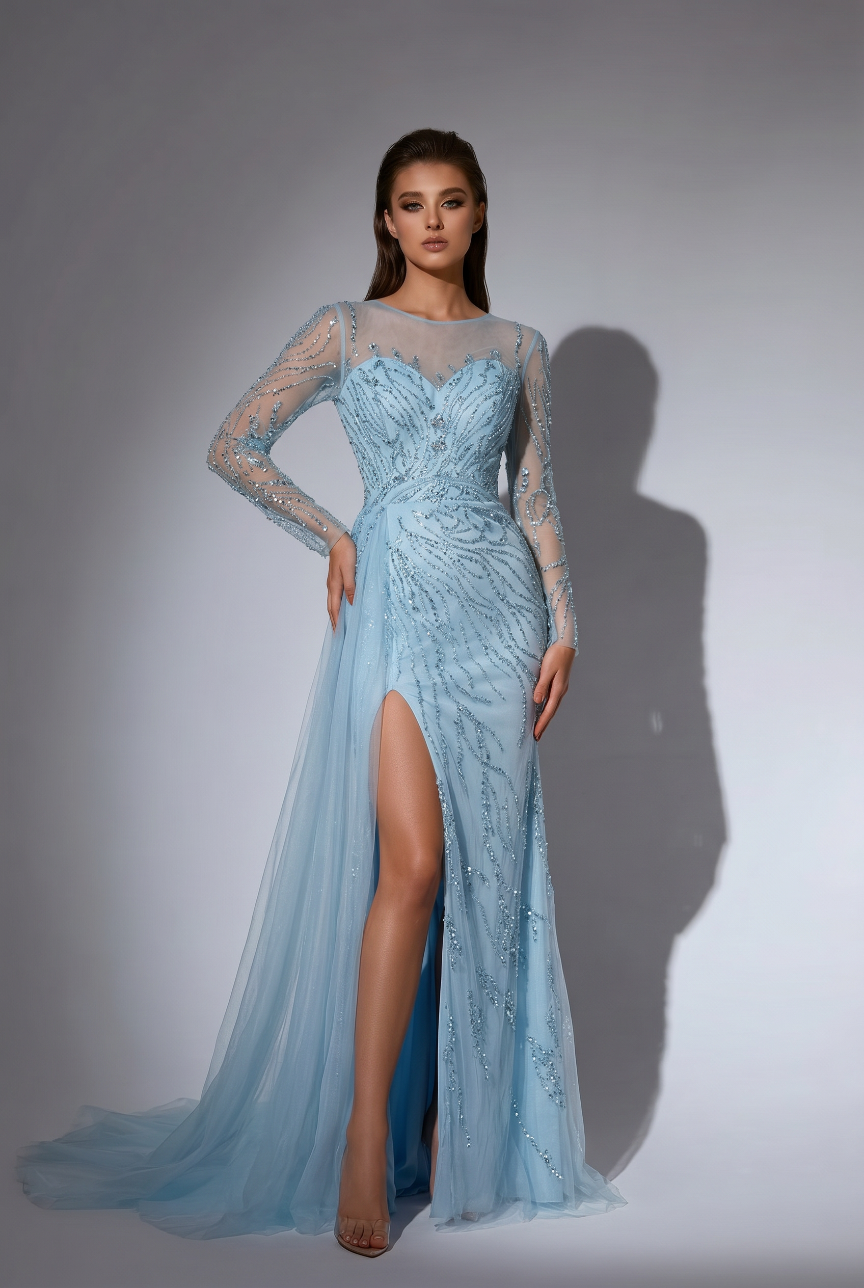 beaded long sleeve dress Light Blue Beaded Long Sleeve Evening Dress and Pretty Sequin Dress