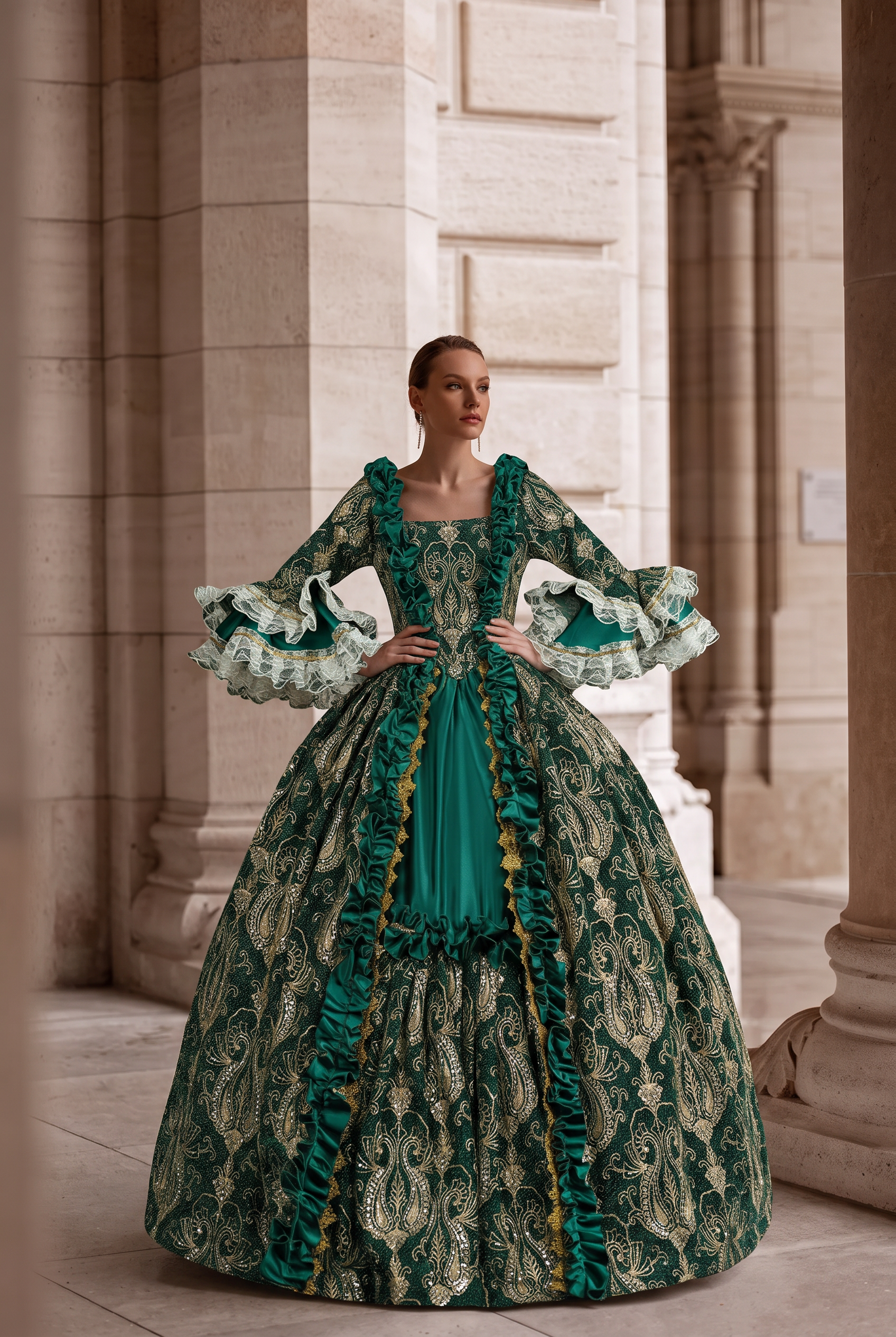 marie antoinette green dress Rococo Style in Brocade with Lace Bell Sleeves – Victorian Ball Gown Plus Size x-colourCode:LME GRN