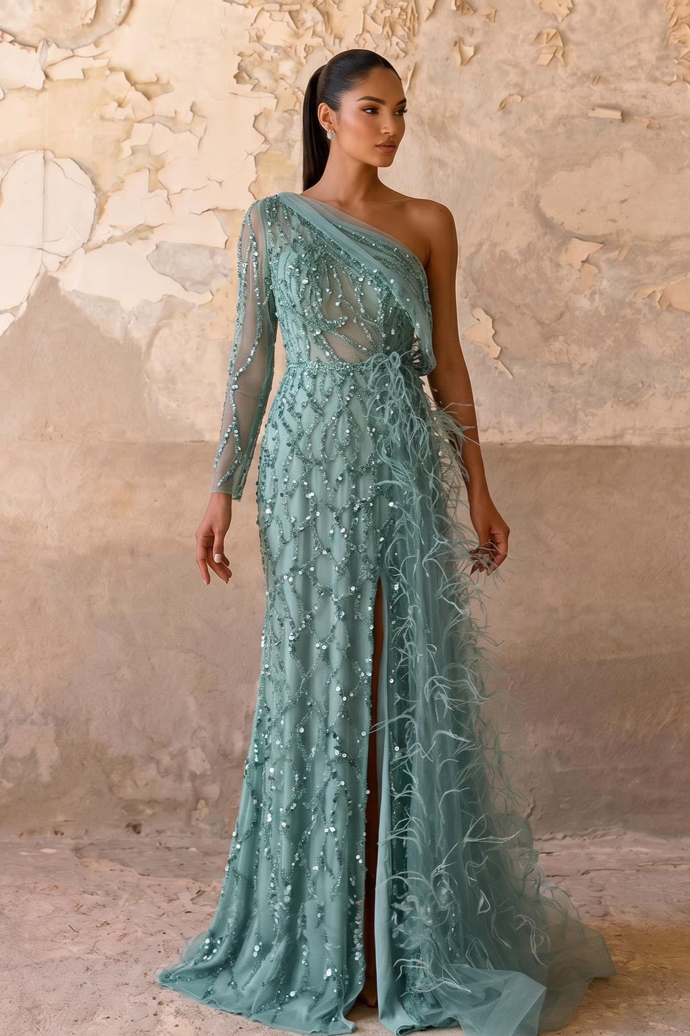 one shoulder mint green prom dress Mint Green One-Shoulder Long Lace Prom Dress D1158 Mint Green / 00