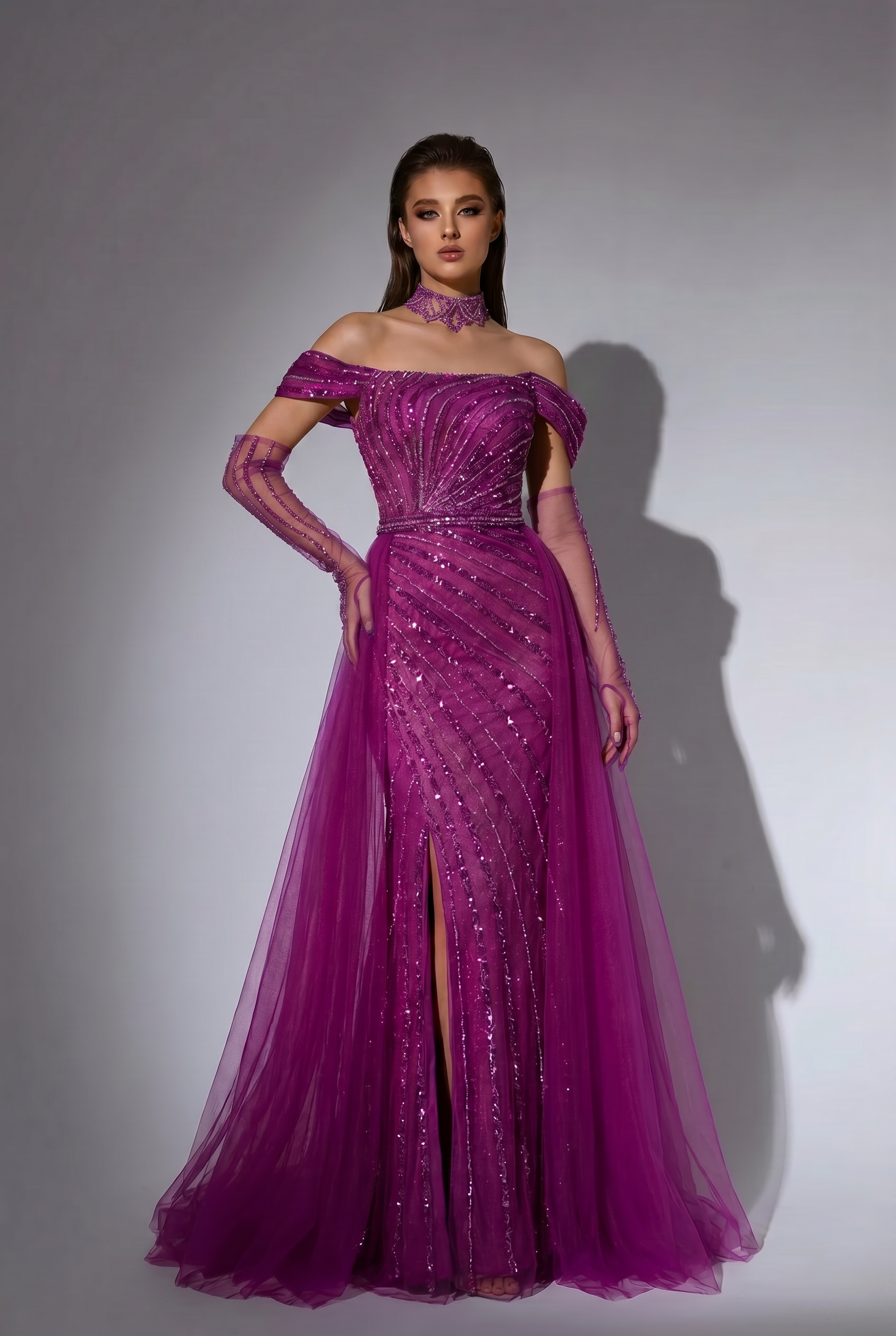 purple glitter bridesmaid dresses Off-Shoulder Sequin Dress and Elegant Evening Gown BEC + BRIDGE Maxina