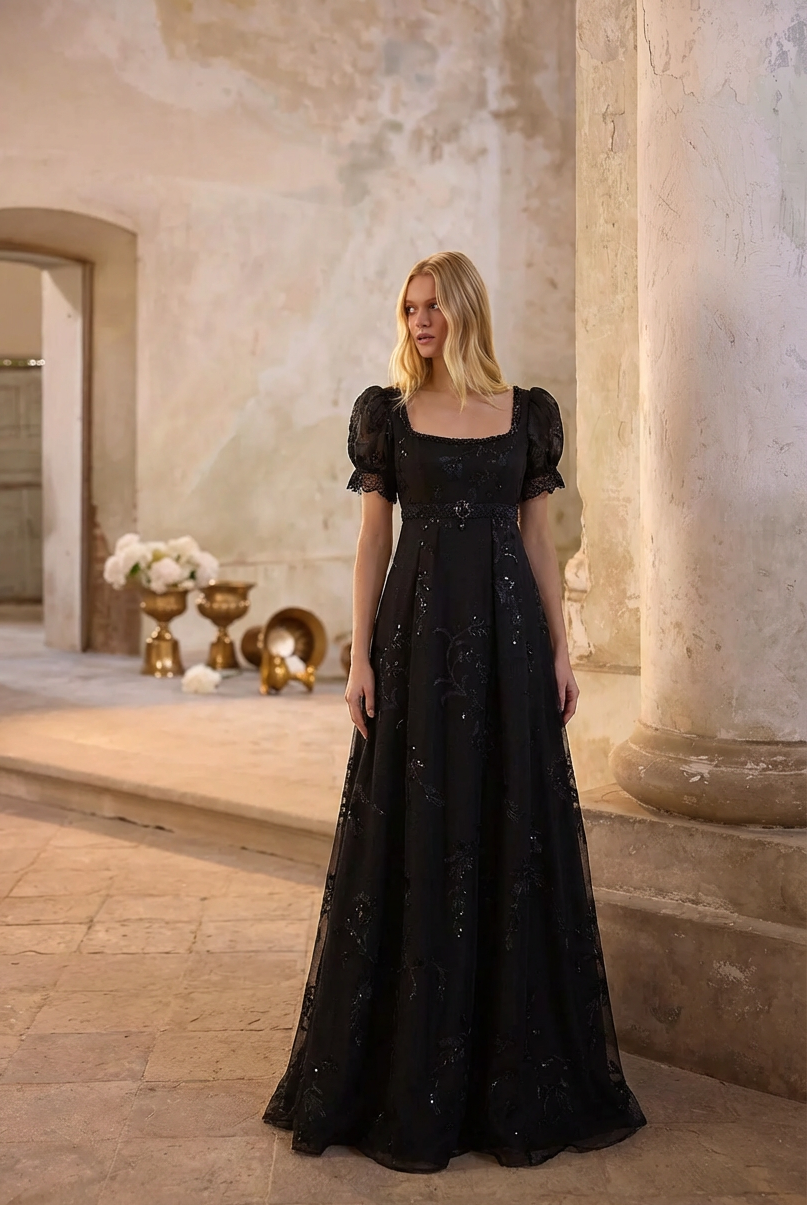 Regency Era Black Empire Waist Dress with Sheer Puff Sleeves and Tonal Embroidery – Bridgerton Inspired Vintage Gown Plus Size